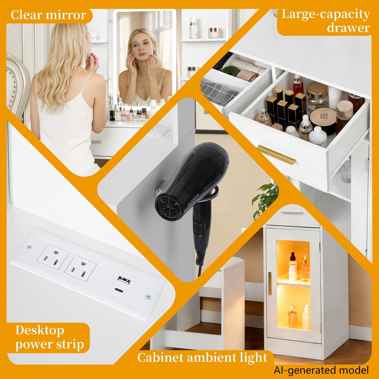 Ntufrest White LED Vanity Table with Three-Color Adjustable Light HD Mirror, USB Charging Port,Leather Stool, Double-Layer Acrylic Cabinet with Ambient Lighting,and Makeup Table with Drawer Storage