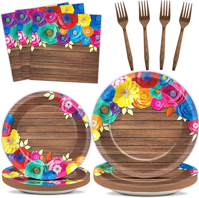 96Pcs Fiesta Party Plates and Napkins for Mexican Party Supplies Wooden Floral Themed Paper Dessert Plates Festival Tablew...