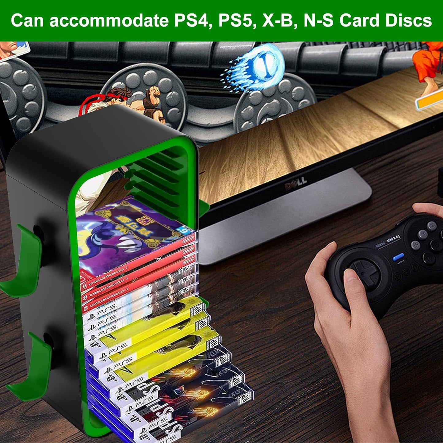 wigmoa OYO-1【15.8INCH】 game Storage Tower Compatible with PS5/ Xbox Series S & X/Switch, Universal Video Games Discs Organizers 18 PCS with 4 Controllers Holder, Game Disk Box Stand. (Black/Green)
