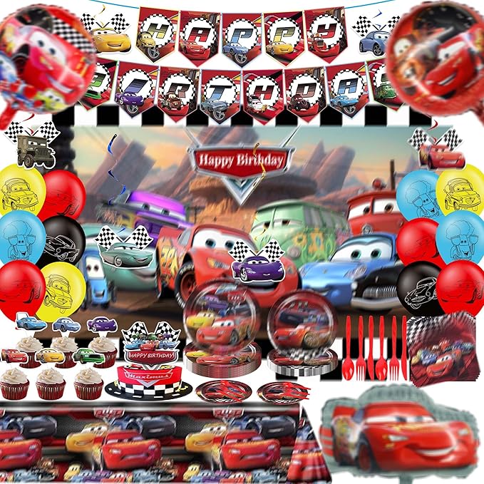 123 PCS Theme Birthday Party Decorations Set Include Tablecloth, Paper Tableware, Birthday Banner, Foil Balloons, Backdro...