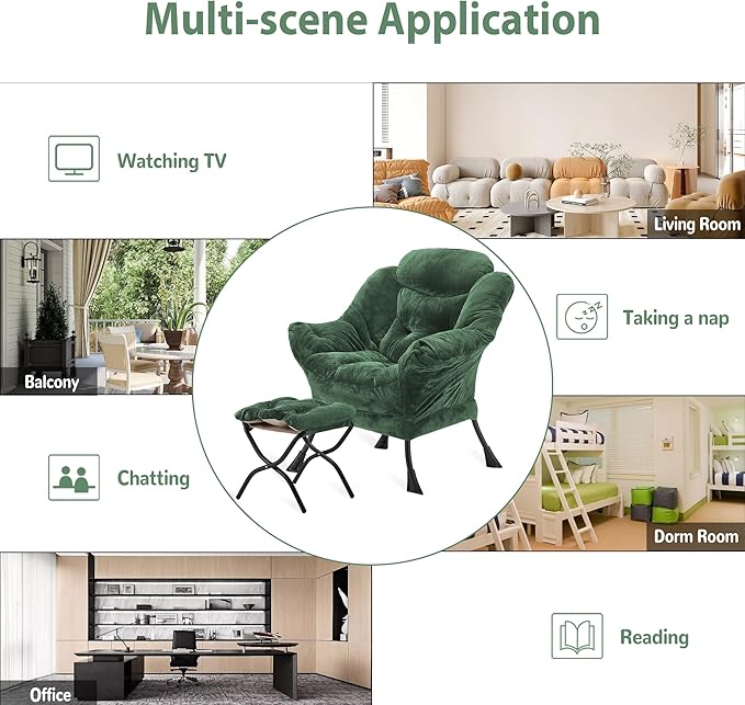 Youtanic Lazy Chair with Folding Ottoman, Accent Chair Plush Upholstered with Metal Structure and Non-Slip Pads, Sofa Armchair with Footrest and Side Storage Bag for Dorm, Room, Office, Green