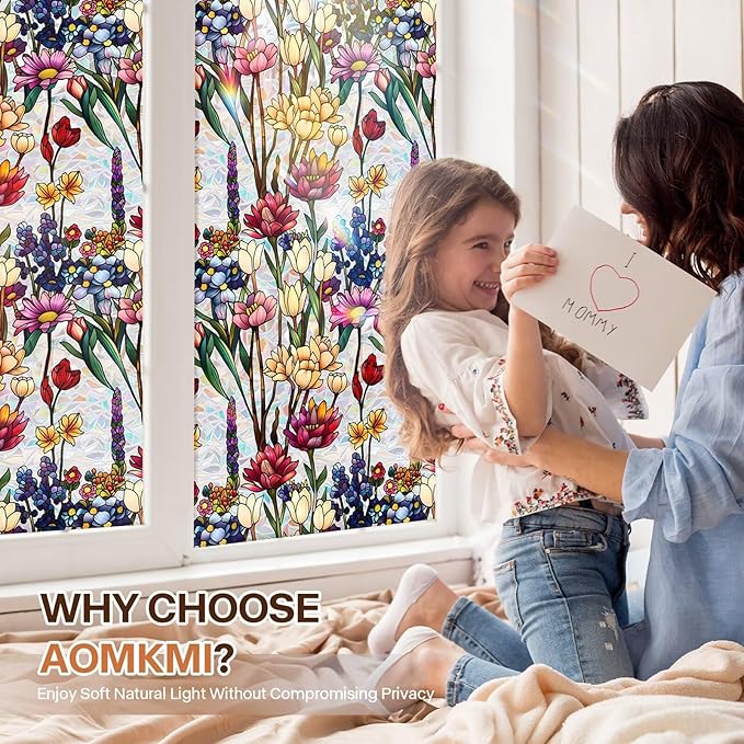 Stained Glass Window Film UV Resistant Window Privacy Film Colorful Flowers Privacy Rainbow Decals Living Room Bedroom Sun Blocking Decor Removable Static Cling Stickers 17 x 78.74 Inch