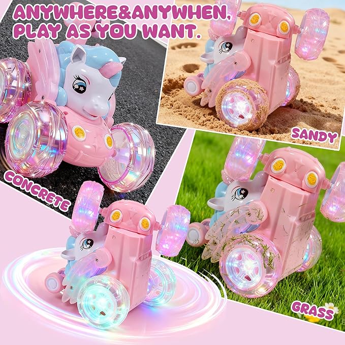 Unicorn Toys RC Car for Girls 4-6 Pink Cute Remote Control Toy for Beginner - Easy-to-Use, 360°Flips Stunt & Cool Blinky Lights - 3 4 5 6 7 8-10 Year Old Girl Birthday Gift Idea Christmas Stuff