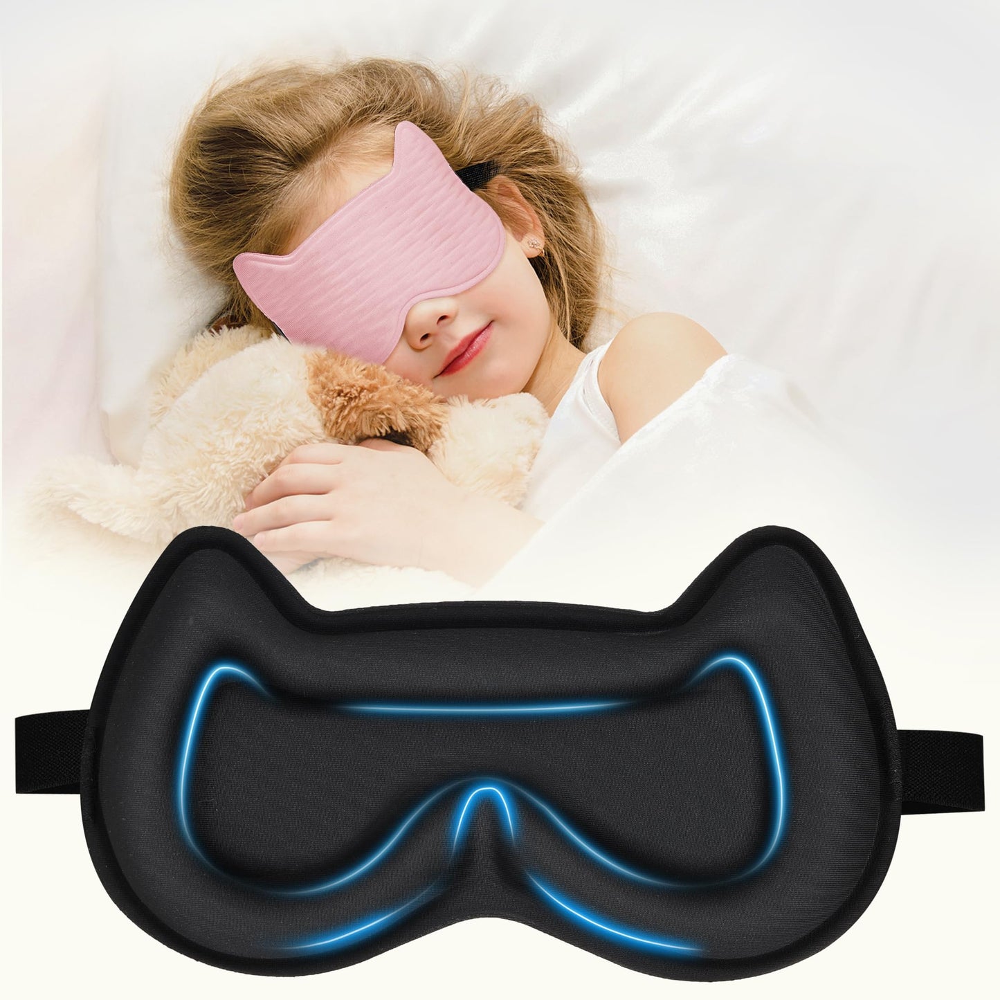 Kids Sleep Mask Eye Mask: 3D Contoured Cup Sleeping Masks, Blindfold with Adjustable Strap, Kids Eye Cover for Boys, Girls, Teens, Pressure-Free with Memory Foam Face Mask for Sleeping (Pink)