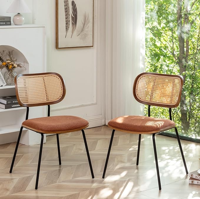 HOCEWI Rattan Dining Chairs Set of 4, Christmas Dining Chairs Mid Century Modern with Cane Back for Kitchen Dining Room, 19 Inch Fabric Orange
