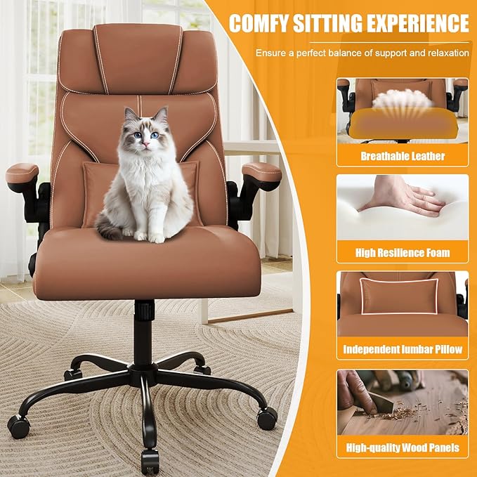 Executive Office Chair with Flip-up Armrests,Ergonomic Computer Desk Chairs,Mid-Tall Back Leather Office Chair 400 Lbs,Lumbar Support Swivel PC Chair with Rocking Function