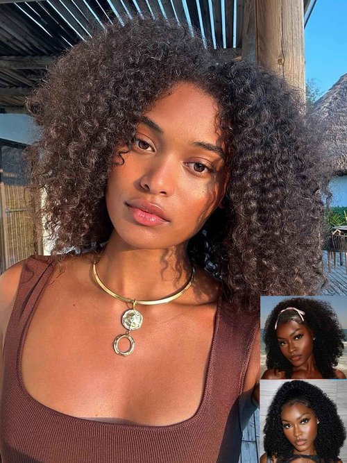 ORIGINAL QUEEN Kinky Curly Half Wig Human Hair Wear And Go Glueless Wigs Curly 3 In 1 Half Wigs for Women Drawstring Seamless Flip Over Glueless Wigs Beginner Friendly 16 Inch