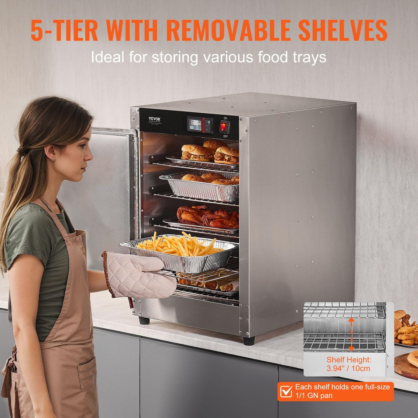 VEVOR Hot Box Food Warmer, 5-Tier Concession Warmer with Water Tray, 5 Pans, Single-Door and Adjustable Shelves, Stainless Steel Food Warmer Cabinet, Ideal for Storing Pizza, Chicken, Restaurant