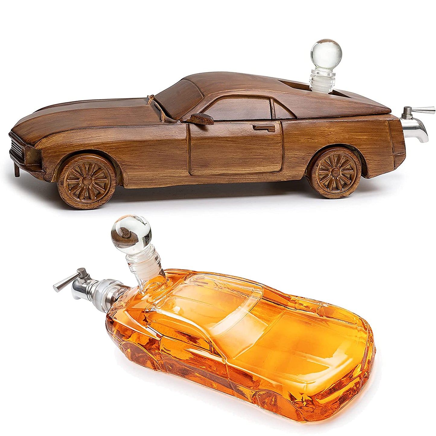Car Whiskey & Wine Decanter Set 500ml - Very Large 13" L - Gifts, Wooden Car Mustang, Fastback Maisto Car Limited Edition, Great Bar Gift!