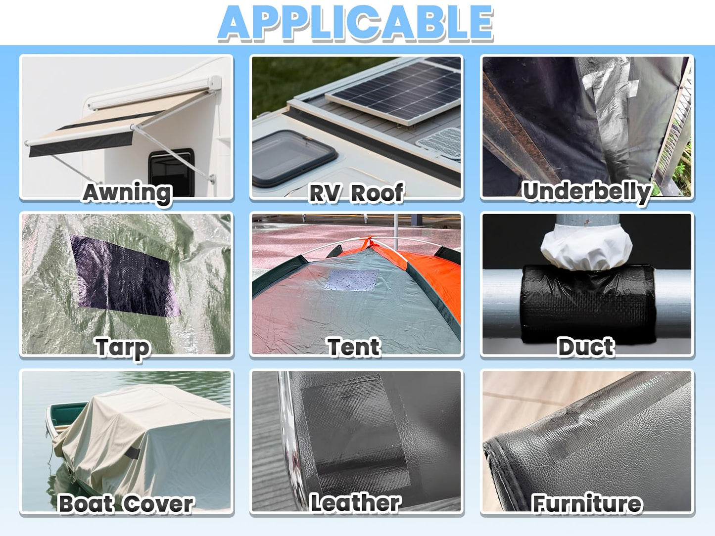 Tikfoam Waterproof Repair Tape for Fabric, Awning, RV Roof, Underbelly, Tarp, Tent, Sail and Boat Cover Outdoor Repair Patch, Heavy Duty, UVproof, Multipurpose Black