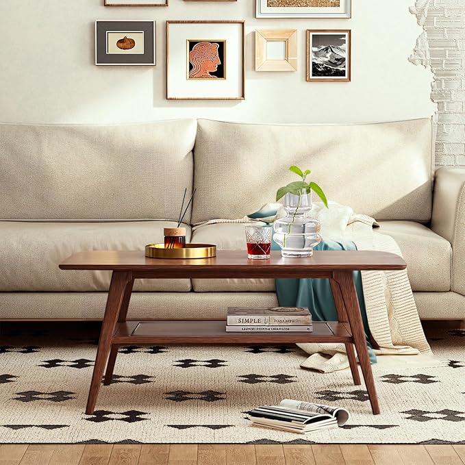 Hymus Solid Wood Coffee Table - 2-Tier Modern Center Table, Living Room Tables with Double Storage for Living Rooms, Bedrooms, and Offices (Walnut, 39.37" D x 19.69" W x 17.32" H)