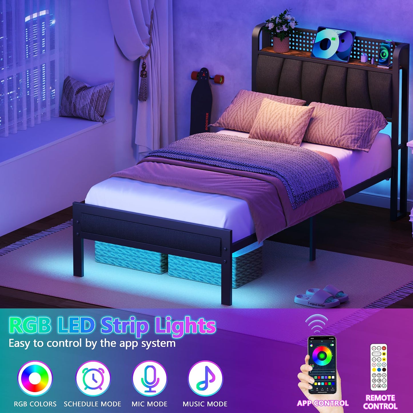 Furnulem Twin Size Bed Frame with LED Light and Charging Station, Grey Upholstered Storage Headboard with Shelf, Metal Platform Bed with Heavy Duty Slats, No Box Spring Needed, Noise Free