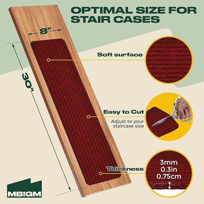 MBIGM 8" X 30" (15 in Pack) Non-Slip Carpet Stair Treads Non-Skid Safety Rug Slip Resistant Indoor Runner for Kids Elders & Pets w/Reusable Adhesive Red Anti-Slip Stair Strips - Washable Stair Treads
