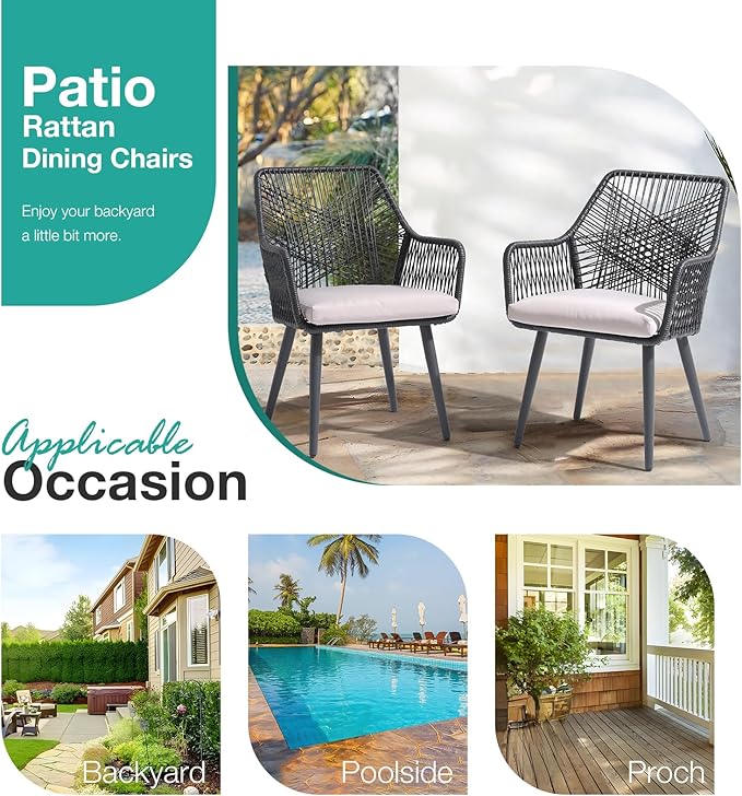 Patiorama Patio Dining Chair Set of 6, Woven Rope Outdoor Dining Chairs w/Steel Frame, All-Weather Twisted Rattan Chairs w/Armrest & Cushion, Outdoor Dining Wicker Chairs for Backyard Garden(Black)
