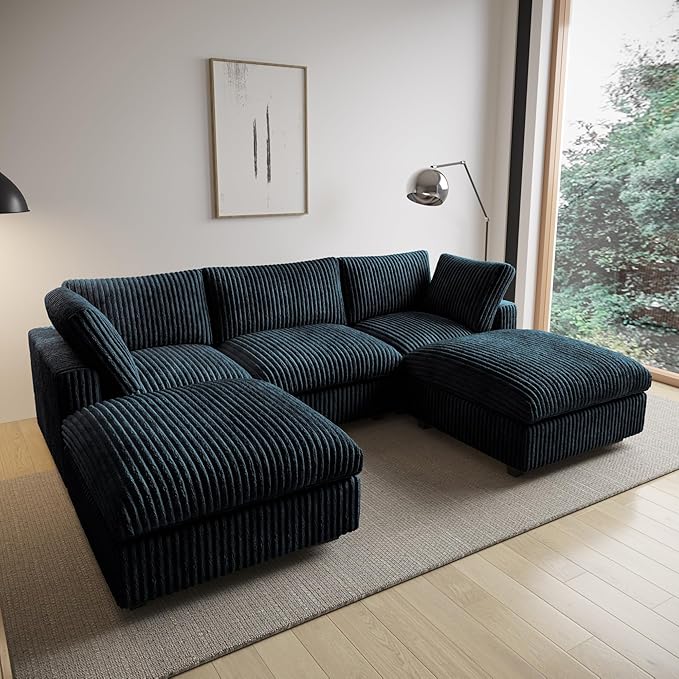 WJShome Cloud Couch Modular Sectional Sofa,118" Oversized U Shaped Couch with Ottoman,5 Seater Convertible Sofa,Comfy Plush Couches for Living Room,Covers Washable&Replaceable (Black)
