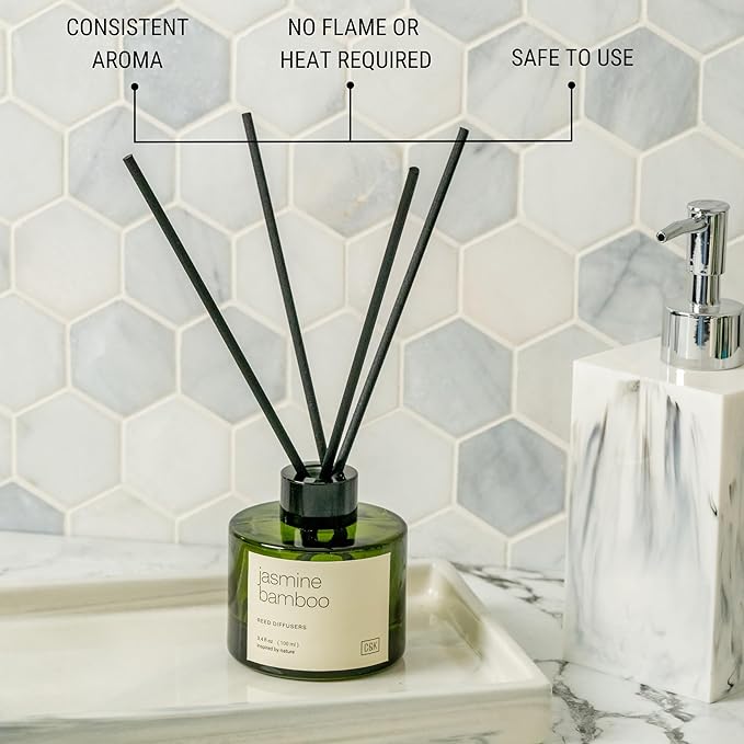 Craft & Kin Bamboo & Jasmine Christmas Reed Diffuser | All Natural Essential Oil & Rattan Scent Sticks | Holiday Reed Diffusers for Home, Bathroom | Long Lasting Home Fragrance in Green Glass, 3.4oz