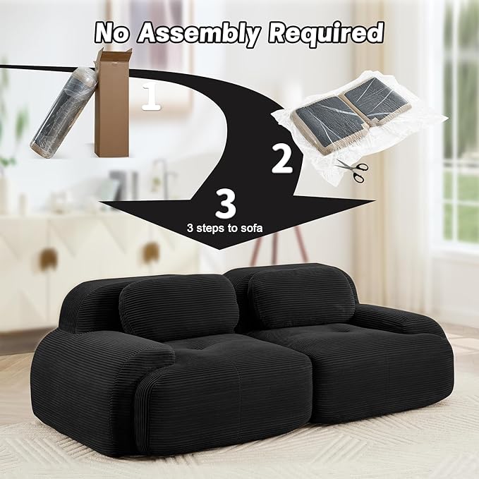 SoarFlash 81" Loveseat Sofa, Comfy Deep Seat, No Assembly, Sofa in a Box, Modern Small Couch with Plush Corduroy Fabric for Living Room, Bedroom, Apartment, Home Office, Black