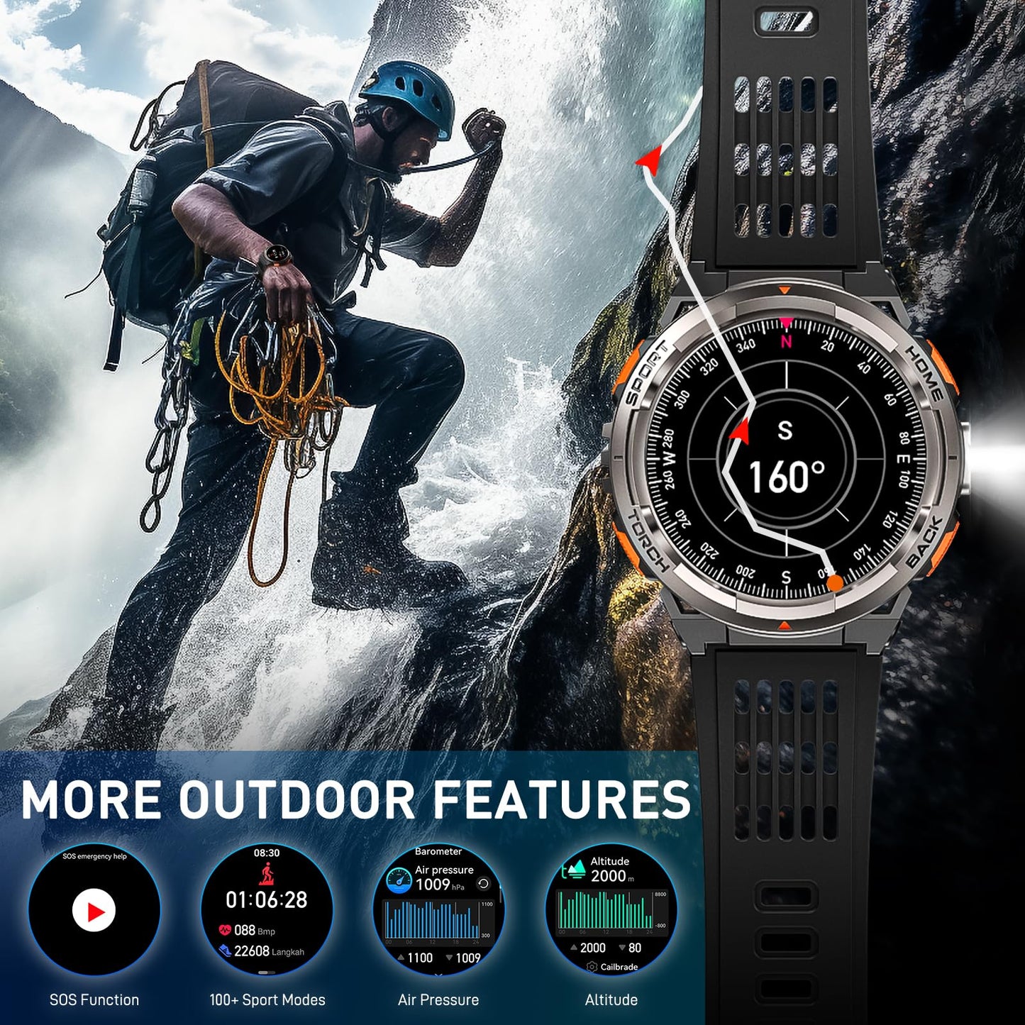 Leuceira Military Smart Watches For Men With Led Flashlight, Tactical Rugged Smart Watch With 1.45 Hd, 3Atm Waterproof & Compass