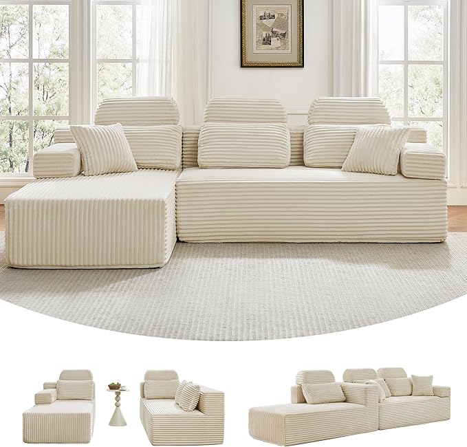 104" L-Shaped Cloud Modular Sectional Sofa with Chaise & Headrest, Boneless Deep Seat Plush Corduroy Couches for Large Living Room, No Assembly Required (White, 104" L-shapred Chaise)
