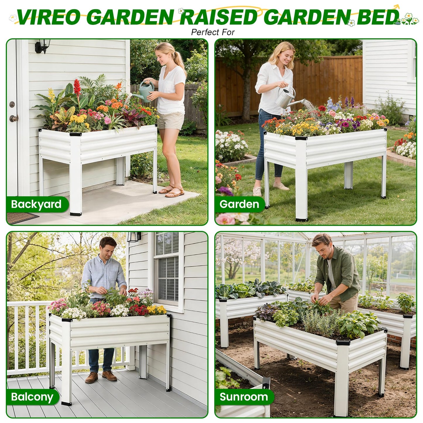Galvanized Raised Garden Bed with Legs 2 Pack, 48x24x32in Elevated Raised Garden Bed Outdoor with Drainage Holes, Planter Boxes for Gardening Vegetable Flower Fruit in Backyard, Patio, Balcony (White)