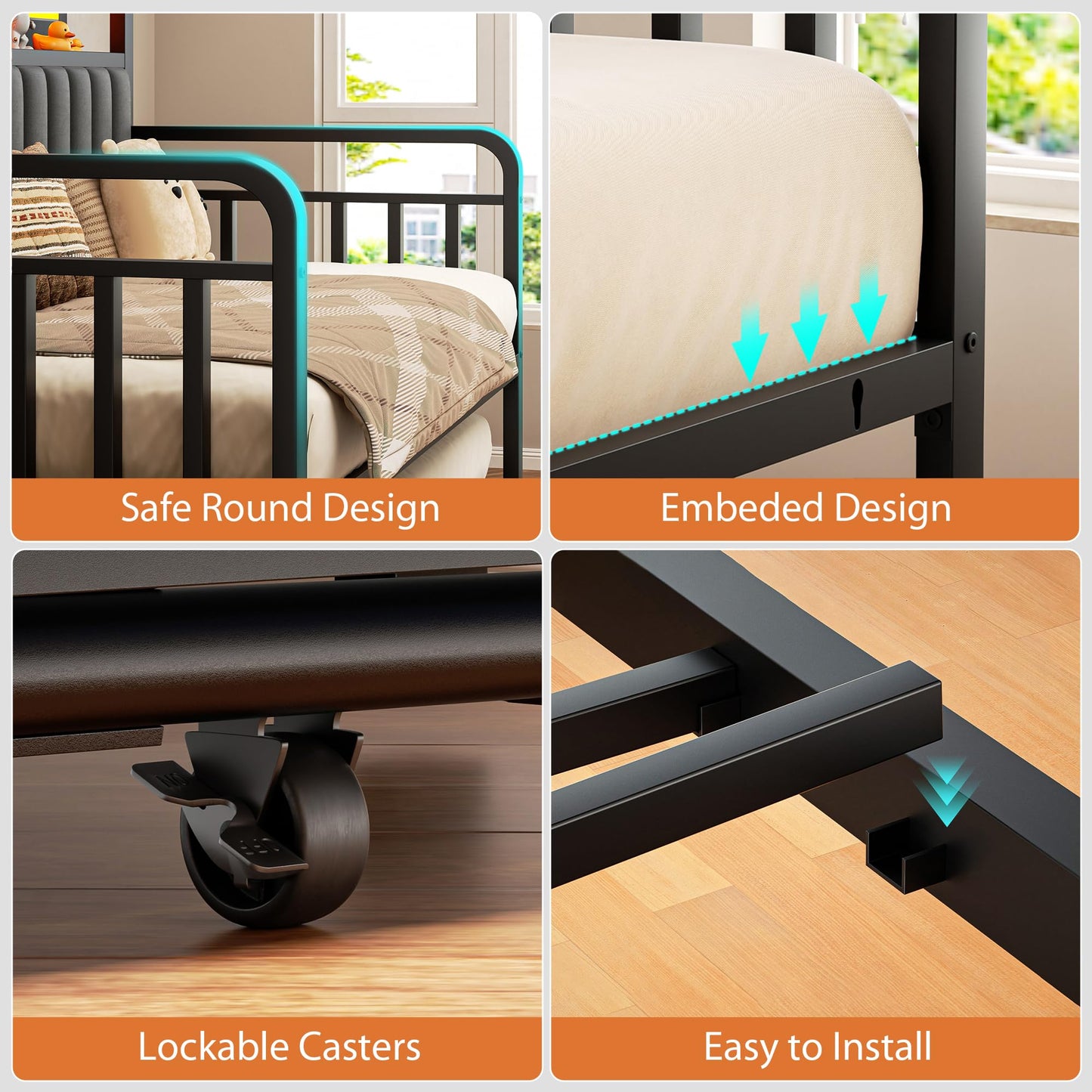 Daybed with Trundle and LED Light, Heavy Duty Metal Twin Bed Frame with Upholstered Storage Headboard & Charging Station, Day Bed Pop Up Trundle Bed Twin for Living Room,Bedroom and Guest Room (Black)