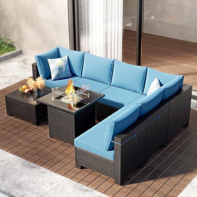Ophelian 8 Piece Patio Furniture Set with Fire Pit Table, Wicker Outdoor Sectional Sofa Set with Thick Anti-Slip Chusions, Patio Conversation Sets for Backyard, Garden, Deck (Brown/Peacock Blue)