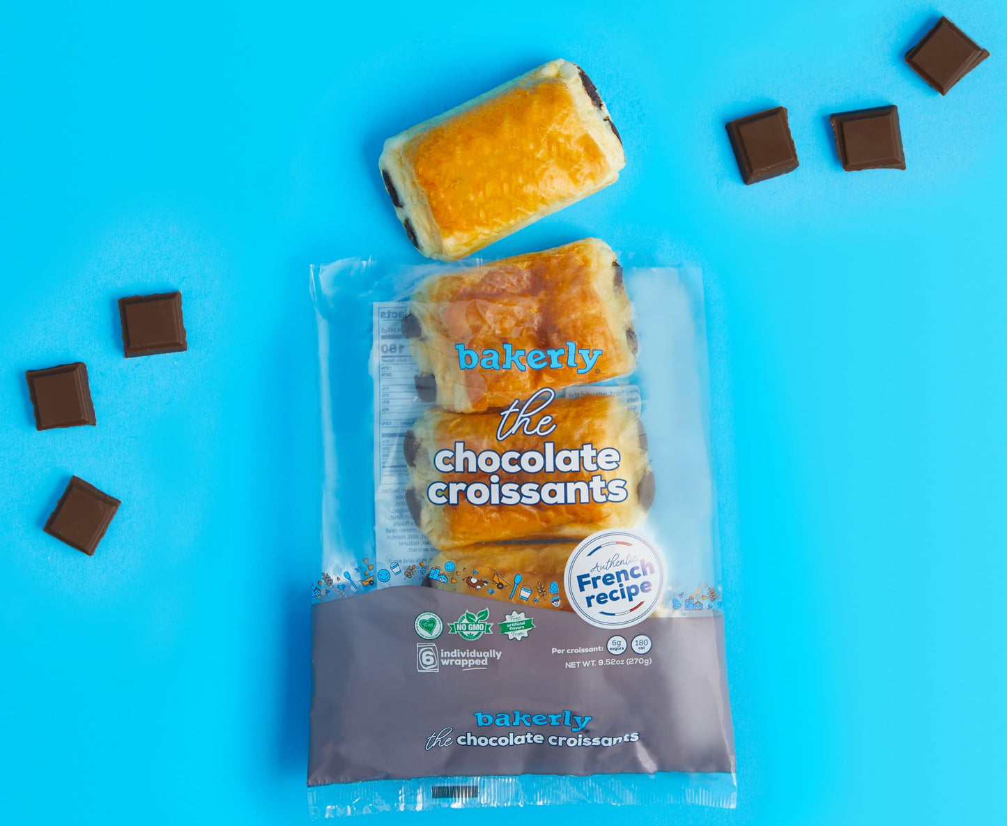 bakerly Chocolate Croissants with Real Chocolate, Non GMO, Free from Artificial Flavors & Colors, Pack of 4, 6-count (24 Total Croissants)