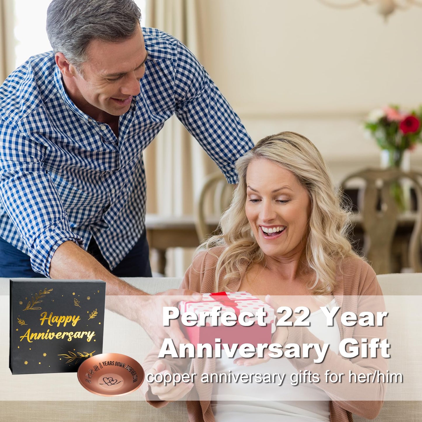 22nd Anniversary Copper Gifts, 22 Year Wedding Anniversary For Him Her Women Men, 4" Ring Holder Dish - Ideal Copper Metal Jewelry Tray Decorations For Wife Husband Couple Parents