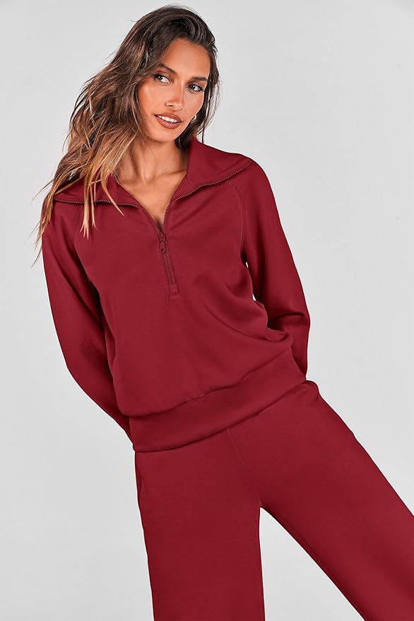 PRETTYGARDEN Women's 2 Piece Outfits Casual Lapel Half Zip Sweatshirts and Wide Leg Pants Tracksuit Sets