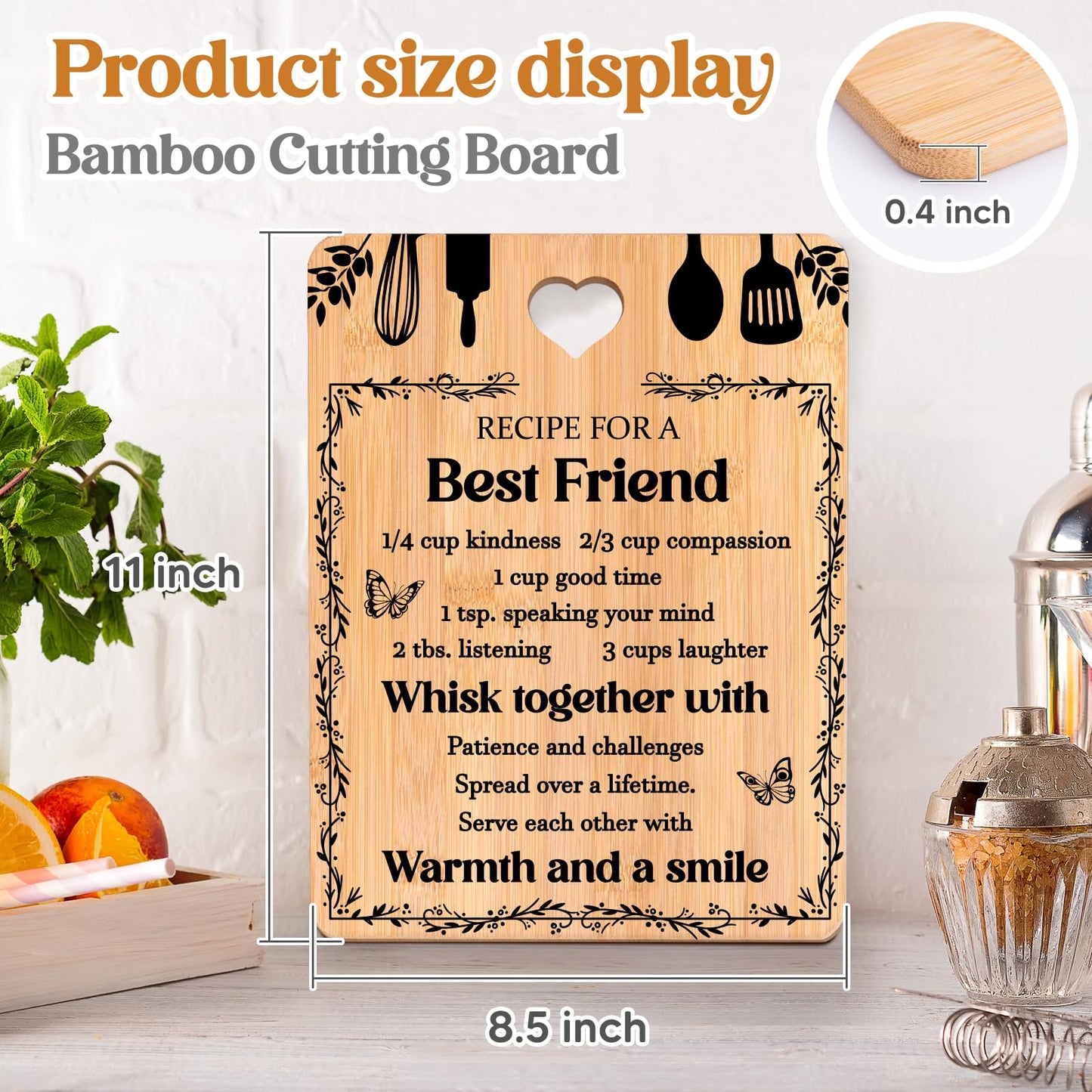 Best Friend Birthday Gifts for Women - "Recipe for a Best Friend" Best Friend Cutting Board Gifts, Bamboo-Made Best Friend Birthday Gifts, 11x8.5x0.35 in.