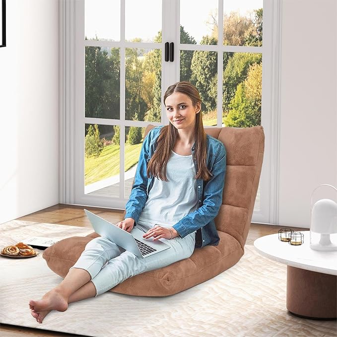 Folding Floor Chair w/Back Support, 14-Position Adjustable Lazy Sofa Chair w/Coral Velvet Fabric & Alloy Steel Frame, Portable Meditation Chair for Reading, Gaming,Sleeping (Beige)