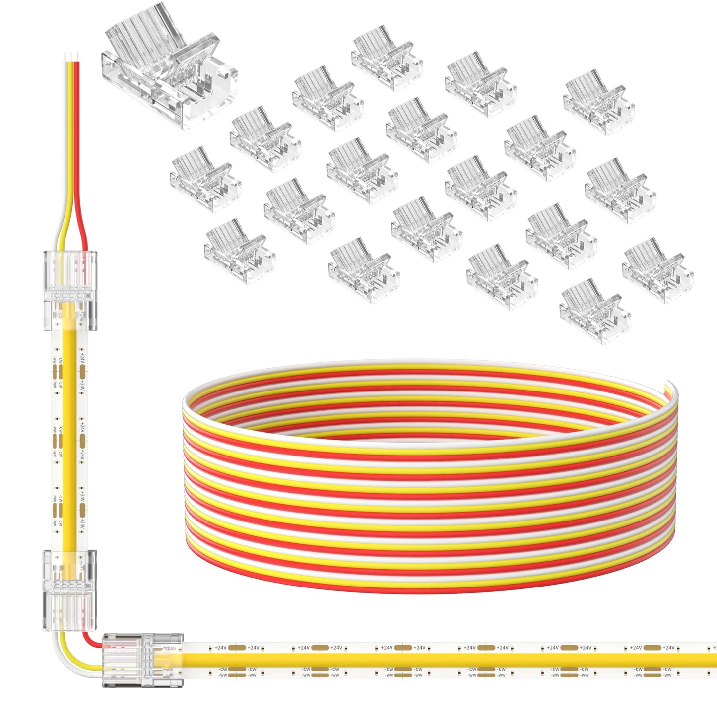 PAUTIX 10mm Connectors for 3-Pin CCT COB LED Strip Lights,20pcs Strip to Wire Connectors,10ft(305cm) Long 22AWG Extension 3 Wires for Non-Wired Gapless Solderless,5V 12V 24V LED Strip Lights Jumper