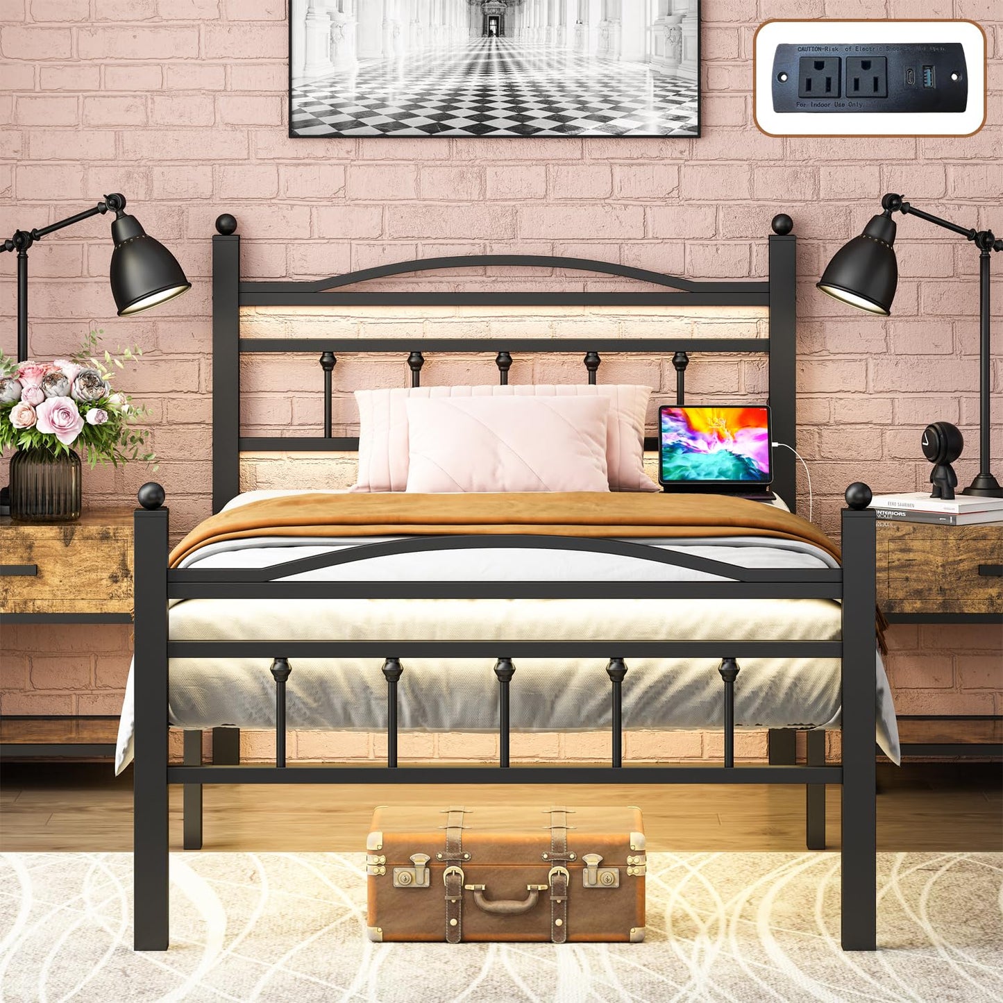 Jenmit Twin Bed Frames with Headboard, LED Bed Frame with Charging Station, Metal Platform, Under-Bed Storage, No Box Spring Needed, Noise Free, Easy Assembly, Black
