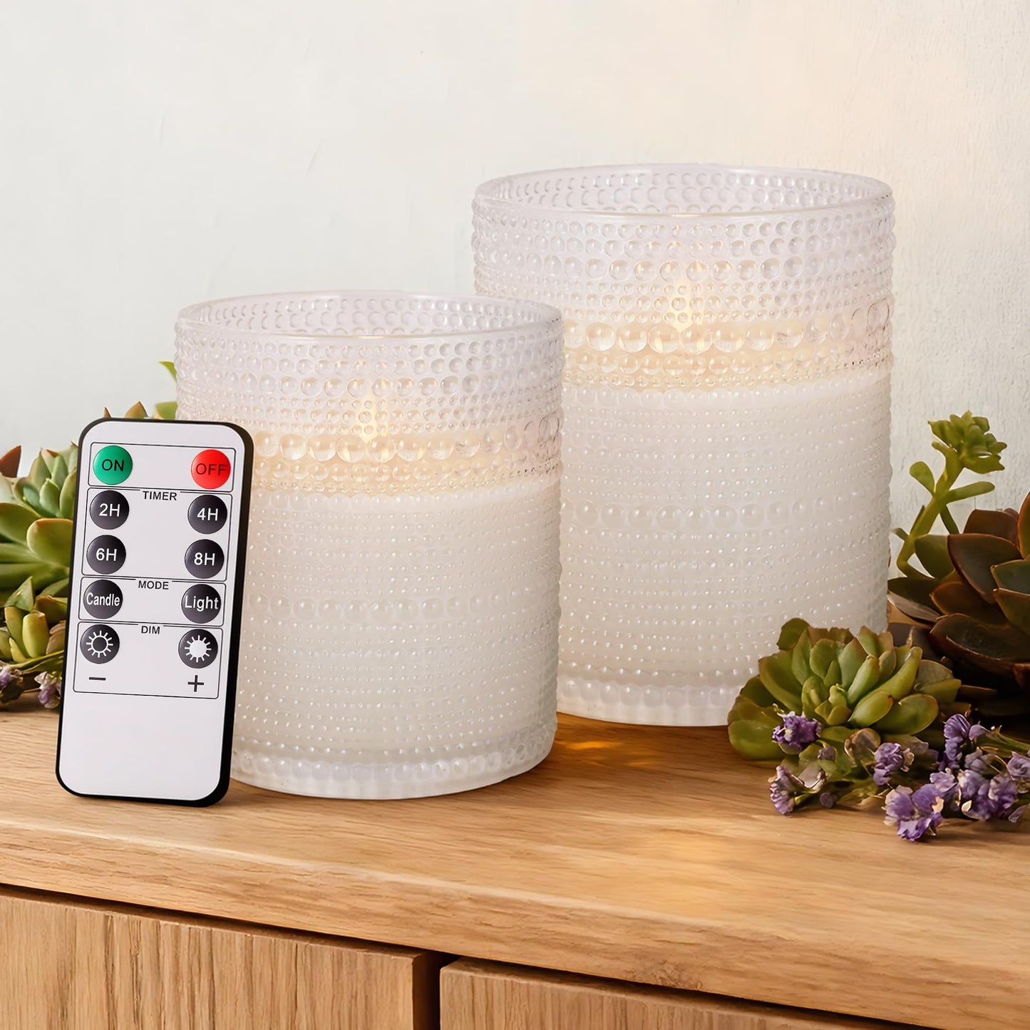Velsyn Dotted Glass Flameless Candles with Remote Timer, Real Wax Battery Operated LED Pillar Candles with 3D Flickering Flame for Festival Wedding Home Party Decor, 3" x 4", 4" x 5", Set of 2 (White)