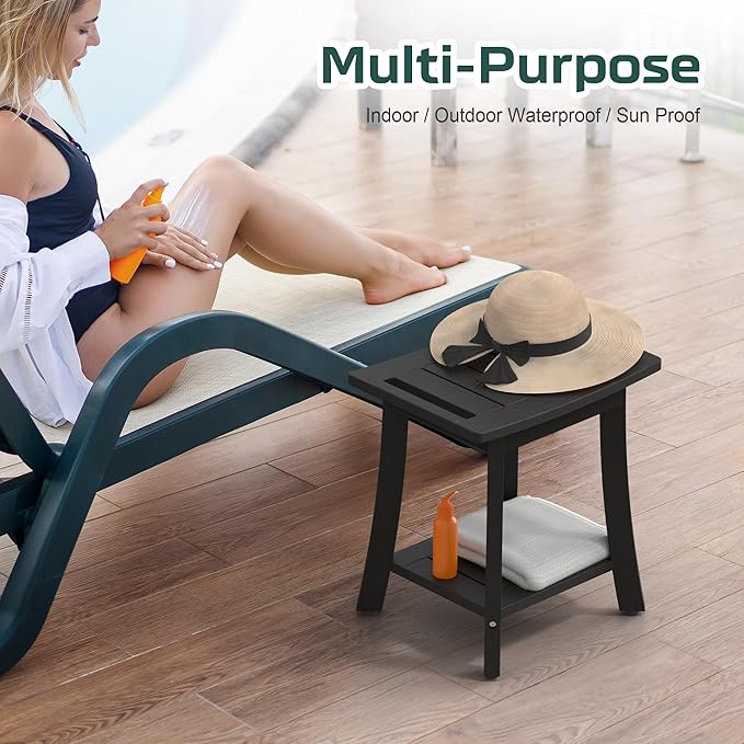 Waterproof Shower Benches for Inside Shower, Poly Lumber Shower Stool with Storage Shelf & Adjustable Feet, SPA Bathroom Seat Chair for Shaving Legs, Indoor or Outdoor Use, Black