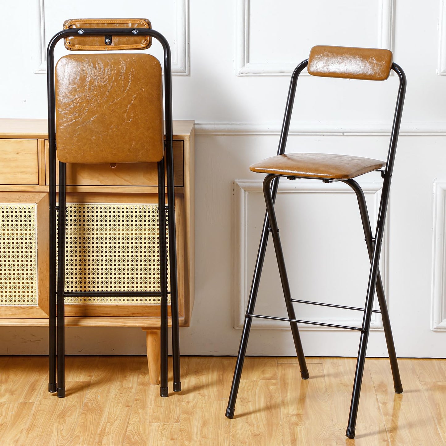 CroBlissful 1 Pcs 25.5'' Folding Bar Stool with Back Tall Brown Leather Folding Stool Cushioned Padded Folding Counter Height Stool Collapsible Portable Barstools for Adults Kitchen Cafe Guitar