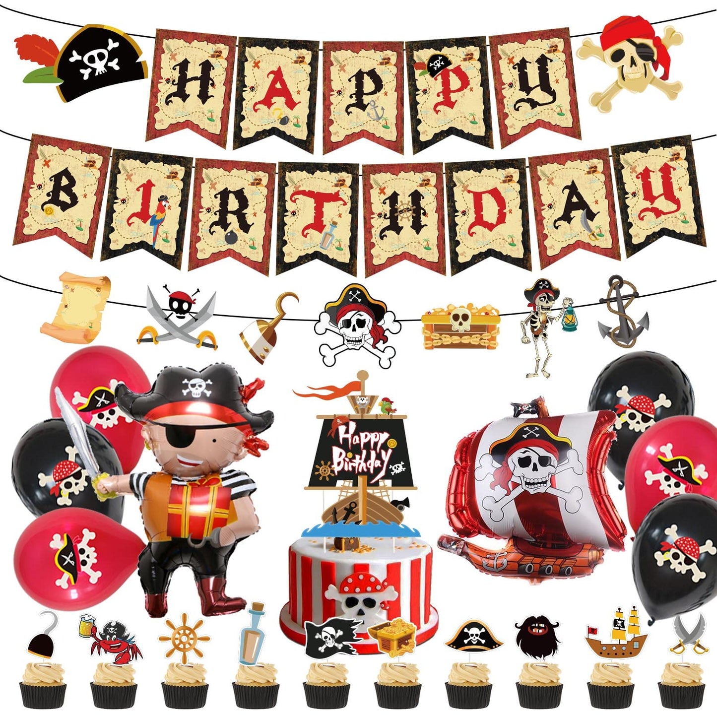 Chilfamy Pirate Party Decorations, Pirate Theme Party Supplies with Happy Birthday Banner, Pirate Garland Signs, Cake Toppers, Pirate Captain Ship Balloons Set for Adults Kids Pirate Party Favors