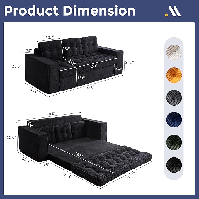 MAXYOYO Convertible Sofa Bed, Pull Out 3 Seater Sleeper Sofa, 2 in 1 Folding Couch Bed, Fold Out Floor Couch with Pillows for Living Room Bedroom Lounge, Black