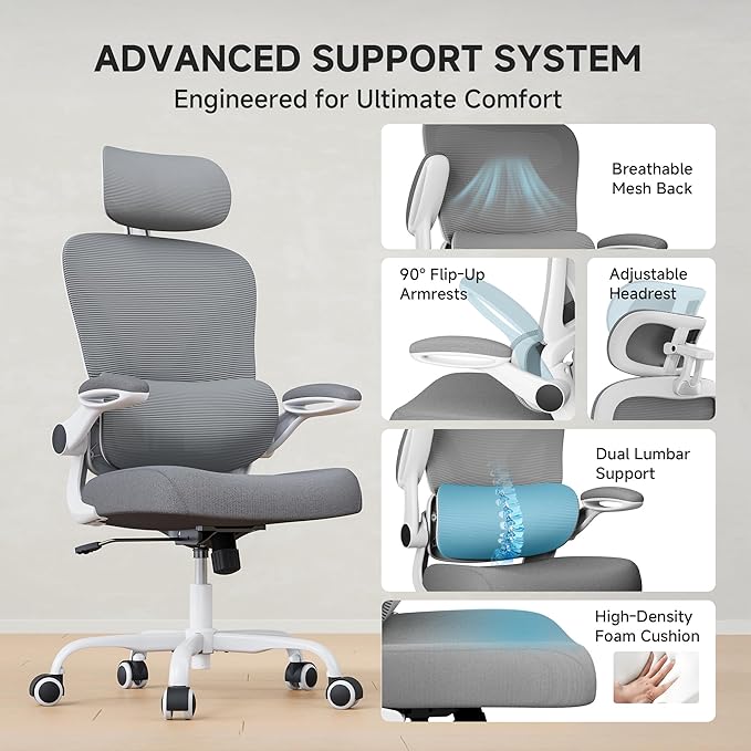 PKPT Ergonomic Office Chair, 330LBS Desk Chair with 3-Level Lumbar Support & Headrest, Breathable Mesh Backrest, Flip-Up Armrests for Home Office and Gaming, White and Gray