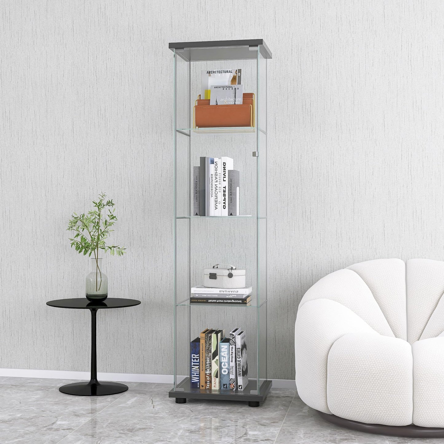 Zacis 4-Tier Tempered Glass Display Cabinet with Glass Door, Floor Standing Curio Cabinet Collection Showcase, 17" W x 14.5" D x 64" H (Black)