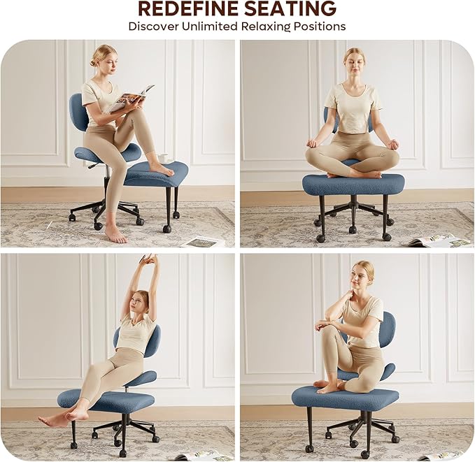 Cross Legged Office Chair with Wheels for ADHD, Ergonomic 360° Swivel Height-Adjustable Meditation Chair for Yoga, Wide Kneeling Chair with Strong Lumbar Support, Teddy Fabric, Blue