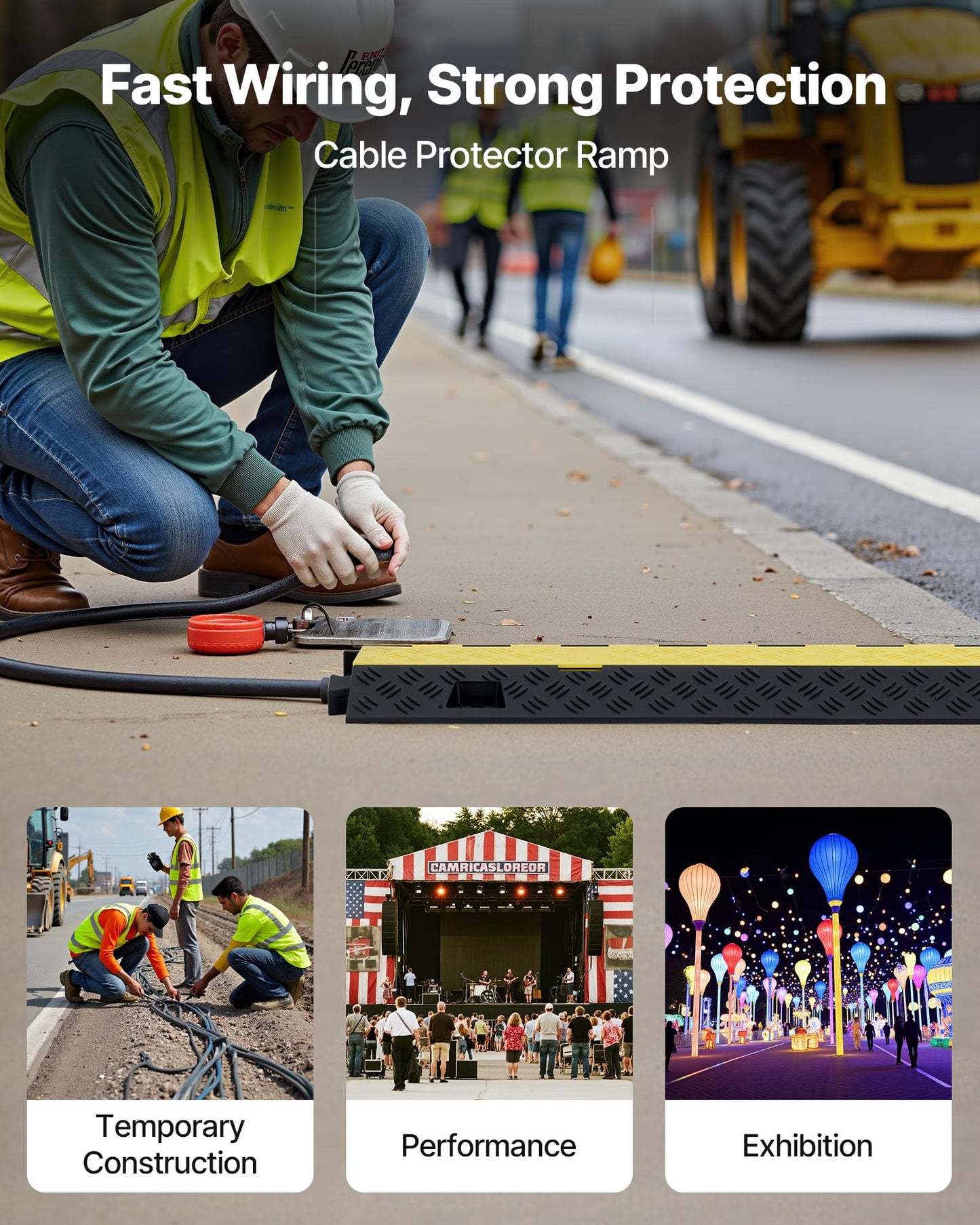 Vevor 3 Pcs Rubber Cable Protector Ramp, 2 Channel Heavy Duty Tpu Floor Cord Hose Wire Cover, 1.2 W X 1.1 H Channel Size, Tr