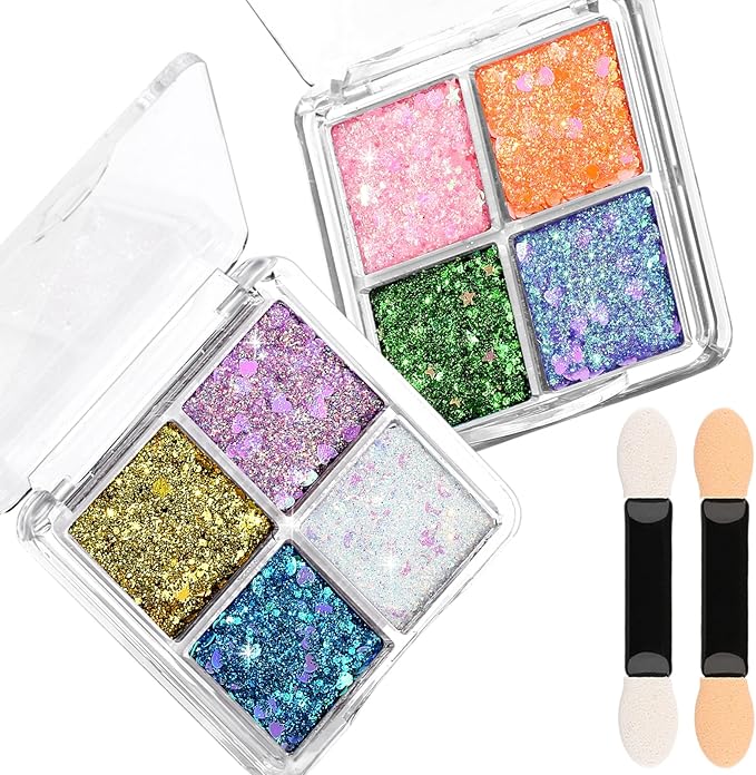 FANDAMEI Face Glitter Palette, 2PCS 8 Colors Glitter Gel for Face, Body Glitter for Women, Hair Glitter for Kids, Hallowee...