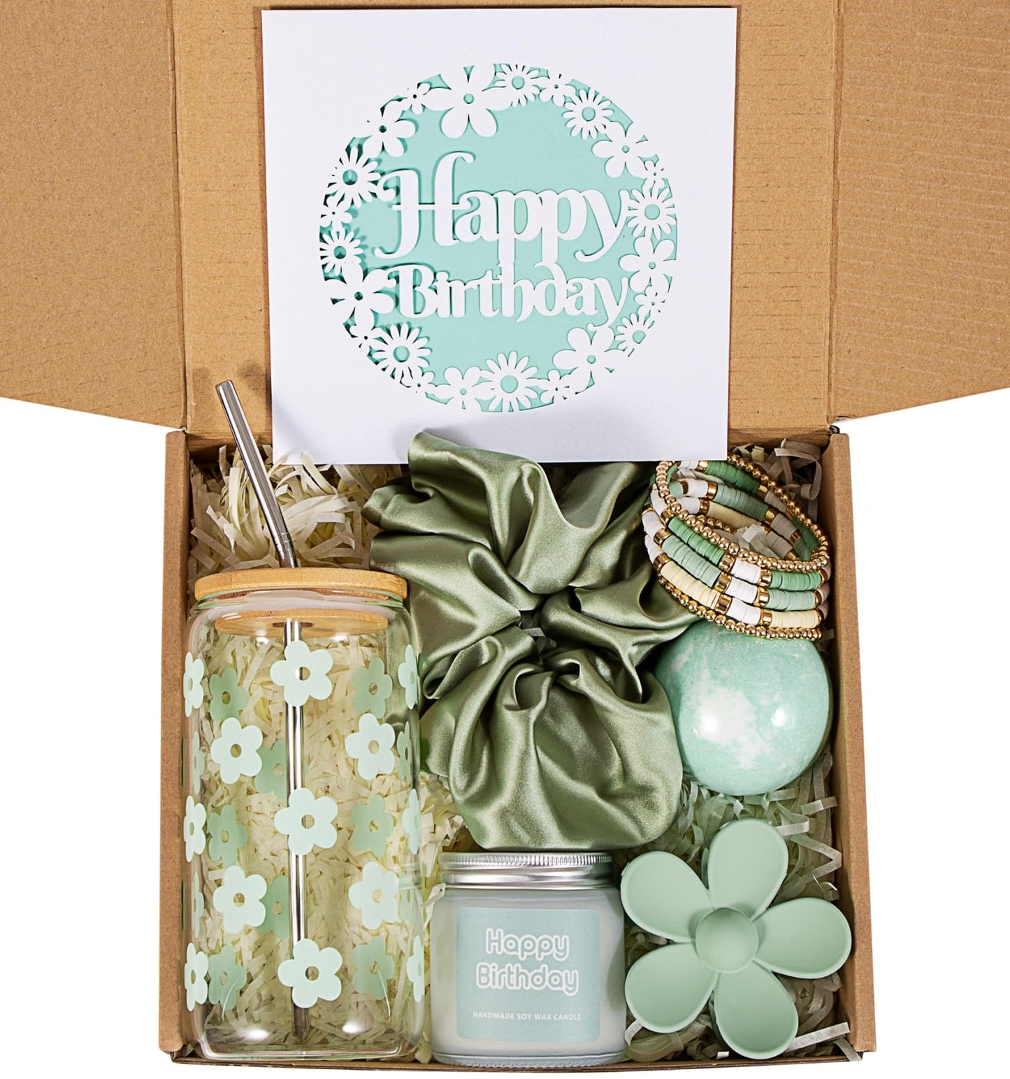 Birthday Gifts For Women, Teen Girl, Her, Happy Birthday Gift Box For Girl, Women, Sister, Daughter, Friends, Cute Daisy Aesthetic Glass Cups Gift Set 7pcs (Mint Green)