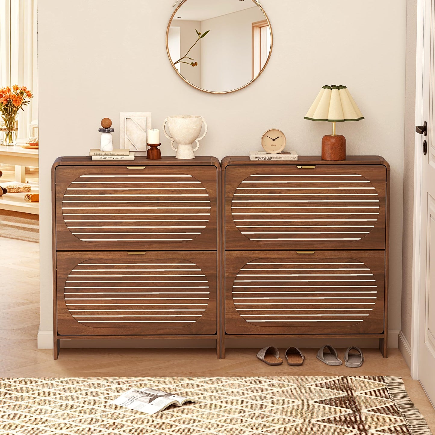 RUSTYER Narrow Shoe Storage Cabinet for Entryway with 2 Flip Drawers, Freestanding Wood Shoe Cabinet with Arched Stripe Panel, Curved Edge Shoe Organizer Closed Shoe Rack for Hallway, Foyer (Walnut)