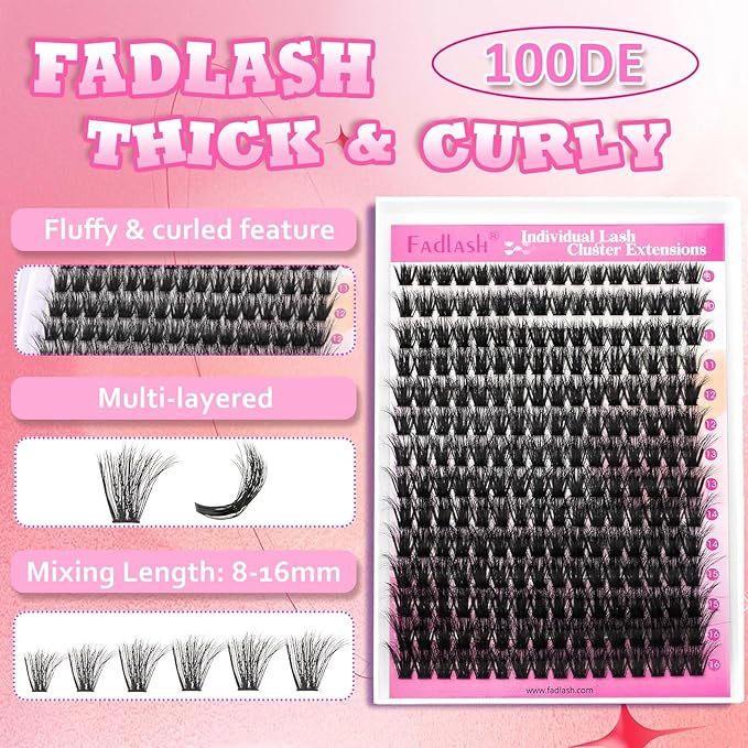 FADLASH Lash Extension Kit 100D Lash Clusters D Curl Lash Cluster Kit DIY Eyelash Extension Kit with Lash Bond and Seal Lash Applicator Tool 3D Effect fluffy Cluster Lashes(100D Kit, Mix 8-16mm)