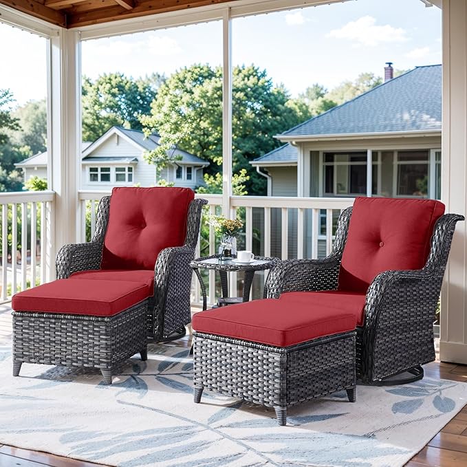 Belord 5 Pieces Patio Furniture Sets Wicker Outdoor Furniture, Rattan Patio Swivel Glider Chairs with 2 Ottoman and Glass Side Table