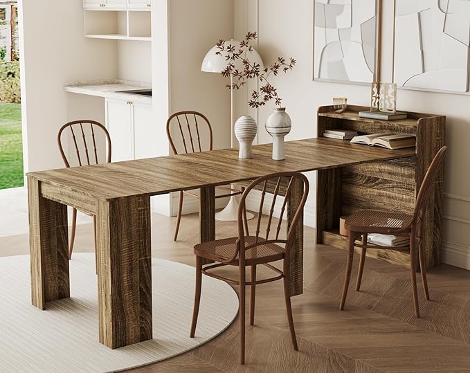 KEIKI 30”-88.4”L Extendable Foldable Dining Room Table with Storage for 1-10 People, Wood Modern Rustic Rectangle Expandab...