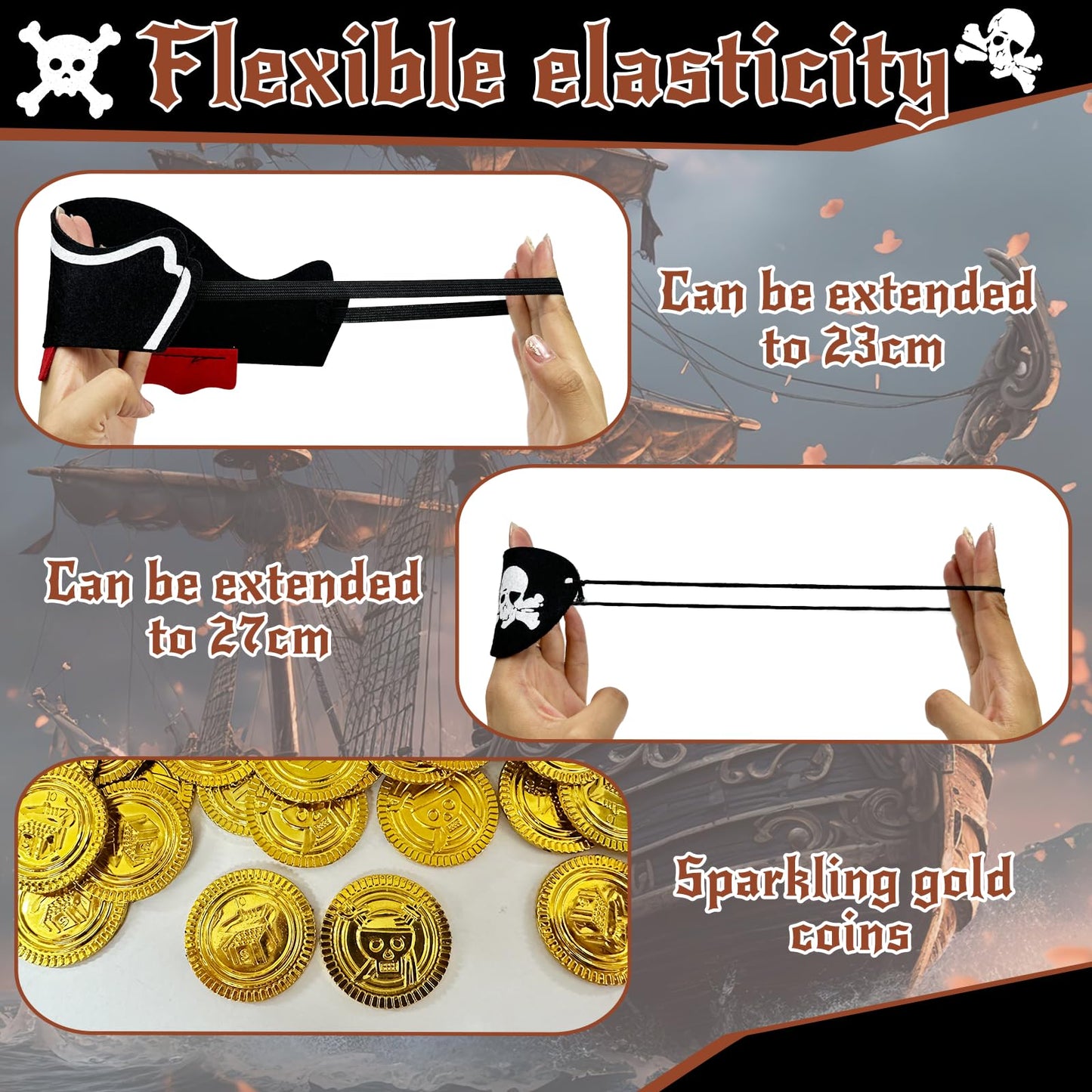 Fun Pirate Party Supplies Set - 153-Piece Fun Pack for Kids: Pirate Birthday, Adventure & Souvenir - Includes 12 Hats, 12 Eye Patches, 12 Swords, 12 Beards, 12 moustaches，100 Gold Coins & 5 Stickers