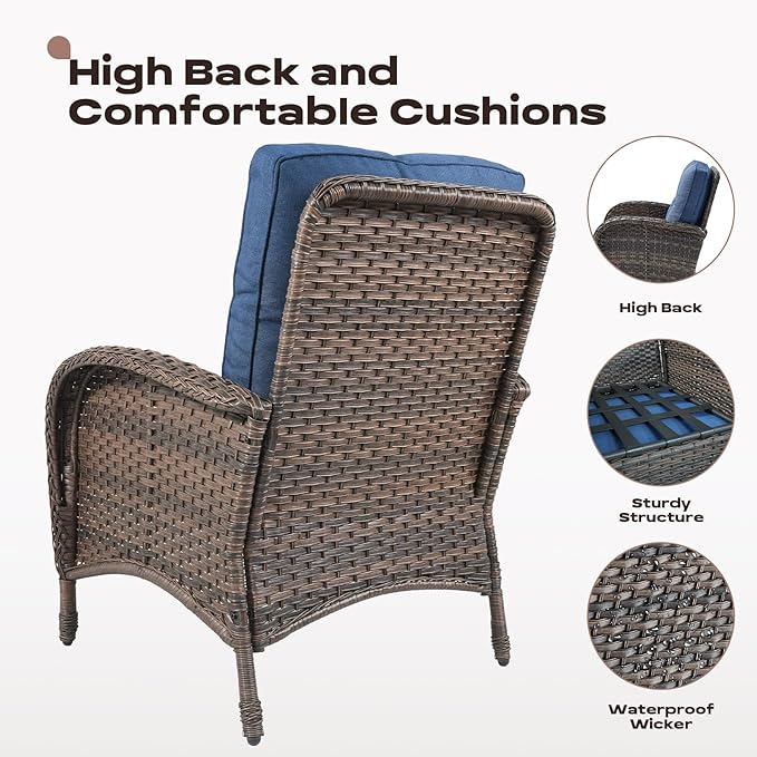 Rilyson Wicker Patio Furniture Set - 5 Piece Balcony Furniture Set with Hidden Ottomans, Rattan Outdoor Patio Chairs with Side Table for Porch Deck Poolside Garden Brown/Blue